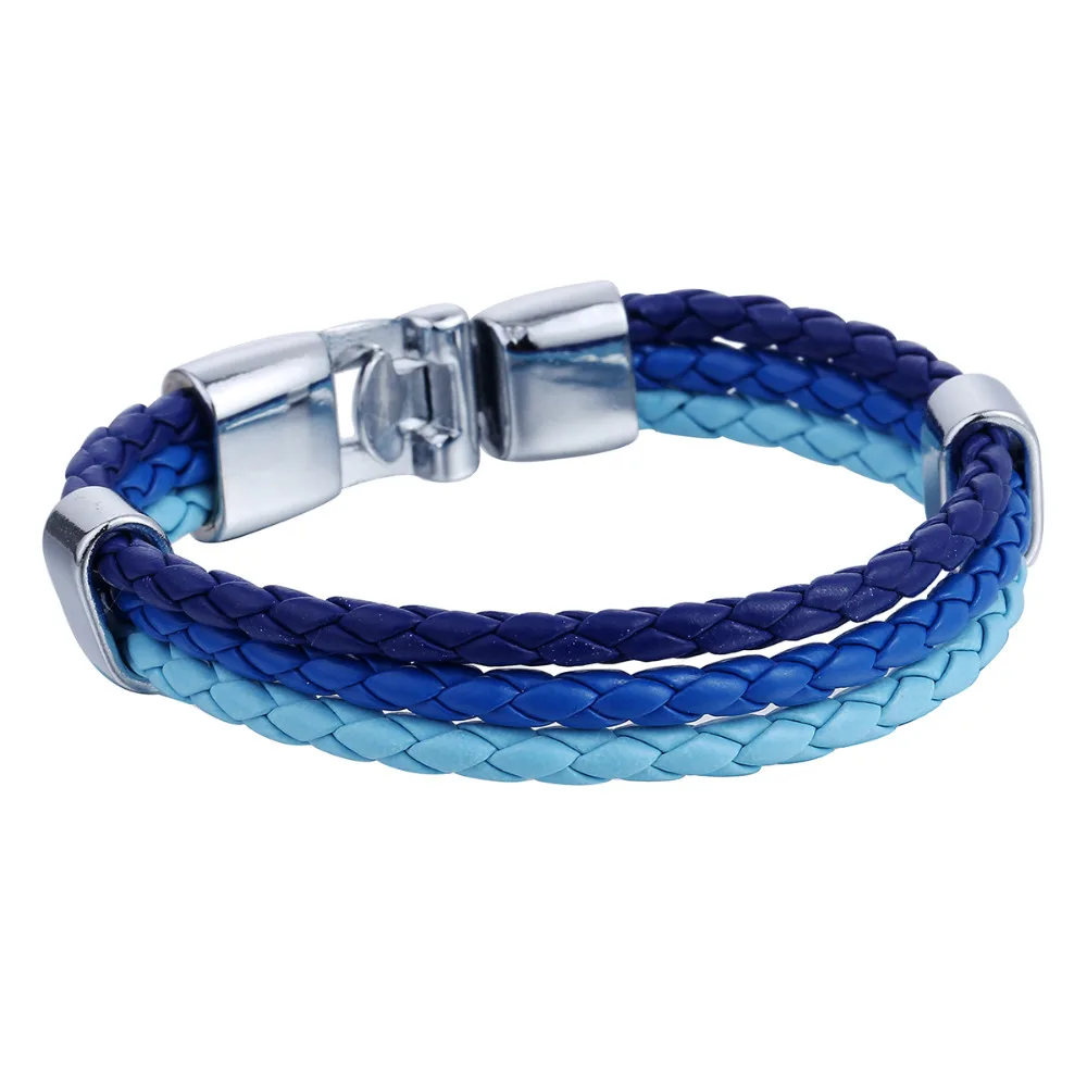 Leather Bracelet Bangle Mens Dark Blue Stainless Steel Buckle Gift for Man
