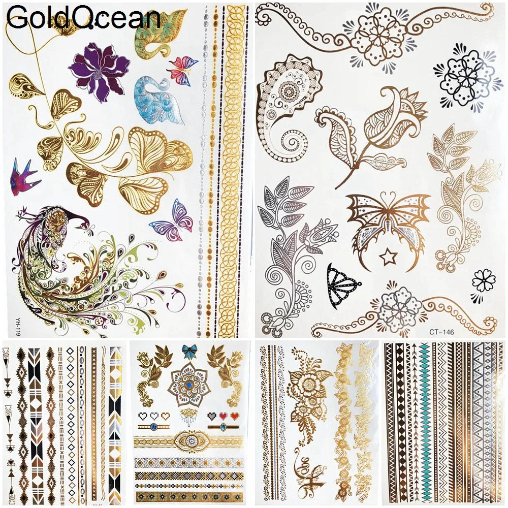 

Henna Flower Gold Metallic Temporary Tattoo Stickers Branch Girl Body Arm Tatoo Women Party Neck Flash Fake Tattoo Butterfly Leg