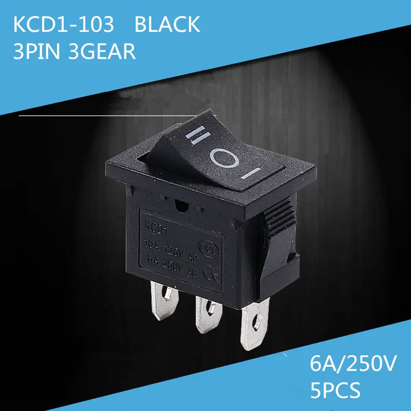 

5PCS SC065 Black Button Switch KCD1-103 3 Pin 3 gear Rocker Switch 6A 250V VDE Copper pin Sell at a loss