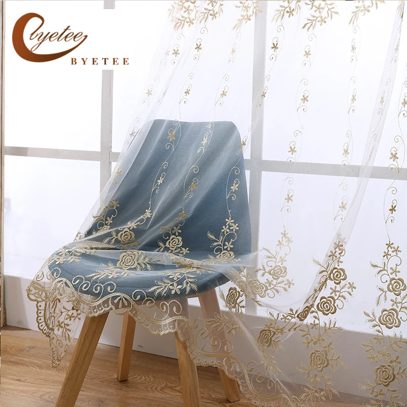 

[byetee] Window Embroidery Window Living Room Bedroom Tulle Kitchen Luxury Sheer Organza Curtains Doors For Curtain Yarn Drapes