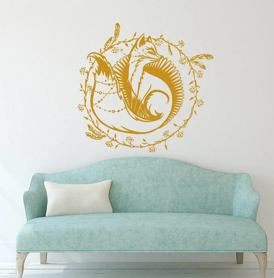 

Vinyl Art Removable Wall Sticker Elegant Fox Wreath Feathers Animal Home Decoration Beauty Decor Anceint Stciekrs W369