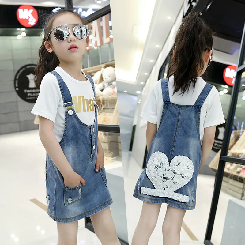 

Summer Wear Girl Child Cowboy Straps Dress Fashion Flower Love Short Camisole Dress Kids Clothing