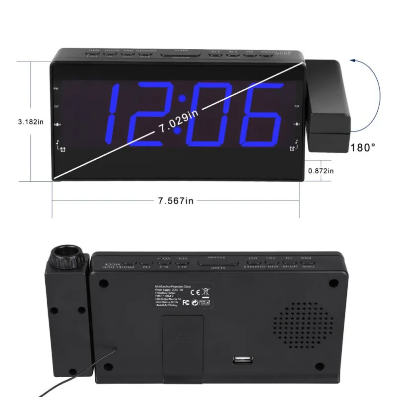 Прямая поставка цифровой радио Будильник проекционный таймер повторения сигнала температура светодиодный дисплей USB зарядный кабель стол настенный fm-радио, часы