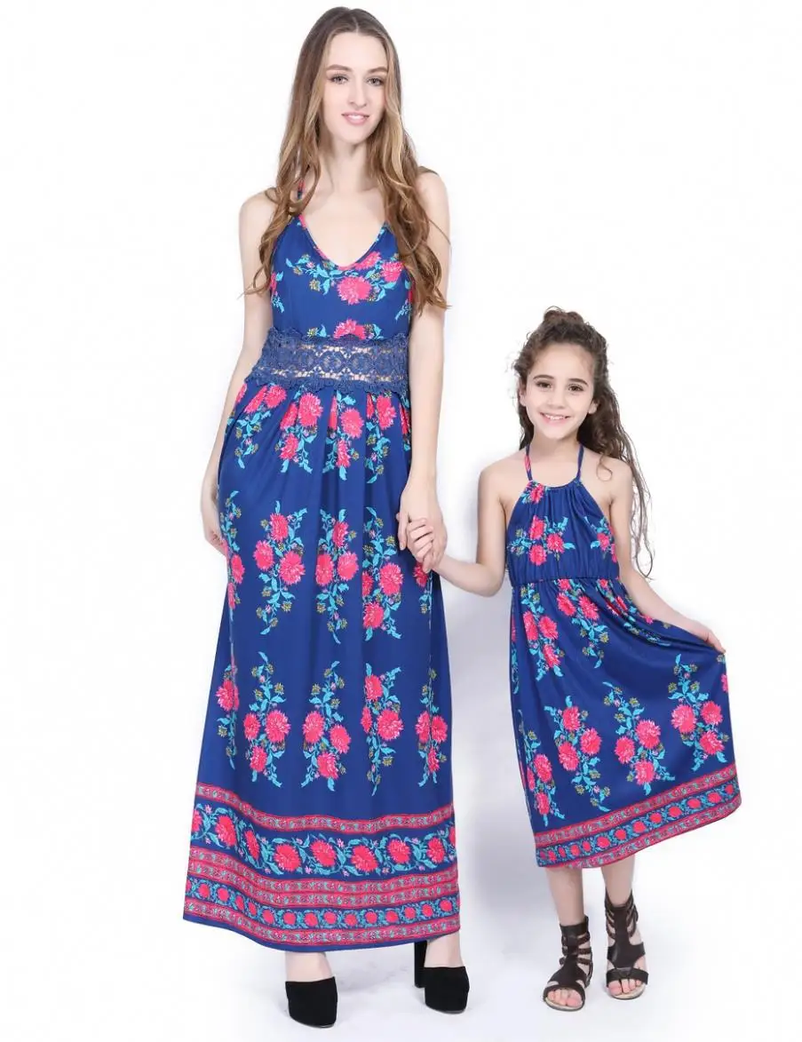 

ZOGAA 2019 blue print vestidos de fiesta de noche stitching lace sling family matching clothes mother daughter dresses