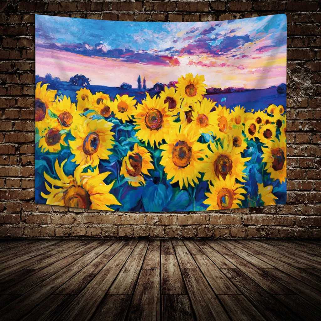 

Summer eternal Sunset Sunflower Oil Painting Tapestry Wall Hanging Warm Golden Yellow And Green Rectangle Tapestry Home Decor