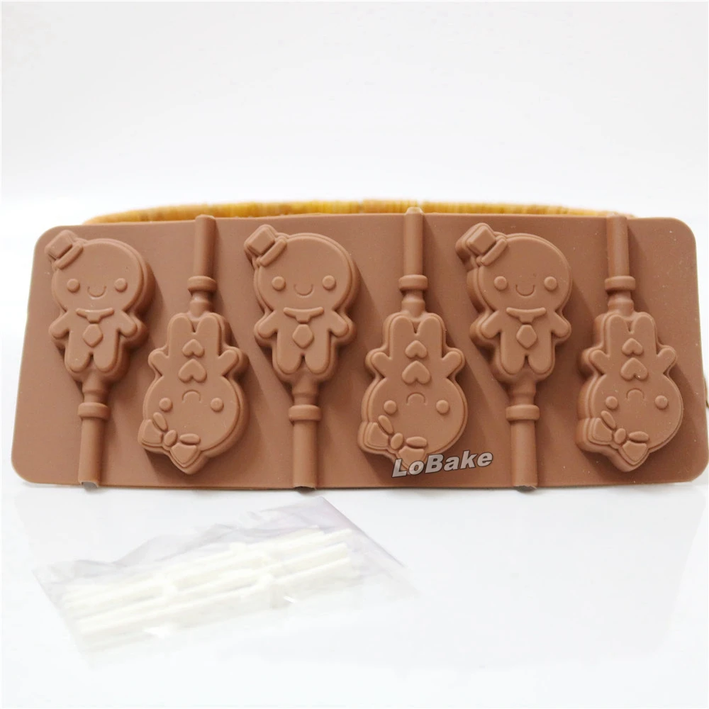 6 cavities cute man shape brown color silicone chocolate mold lollipop popsicle mould with plastic sticks for bakery supplies | Дом и сад