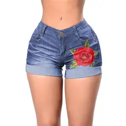 Пикантные низкая посадка Вышивка Роза короткие джинсовые шорты для женщин Лидер продаж обувь девочек летние рваные вышитые синие