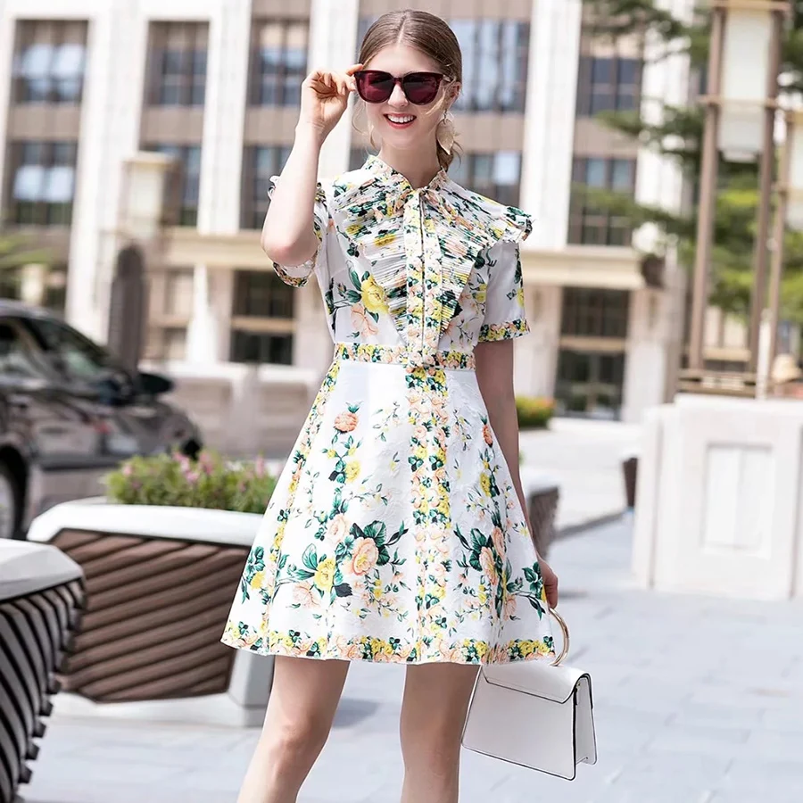 

VERDEJULIAY Runway Sweety Dress 2020 Summer New Fashion Ruffles Pleated Chiffon Spliced Jacquard Flowers Printed Dress Women