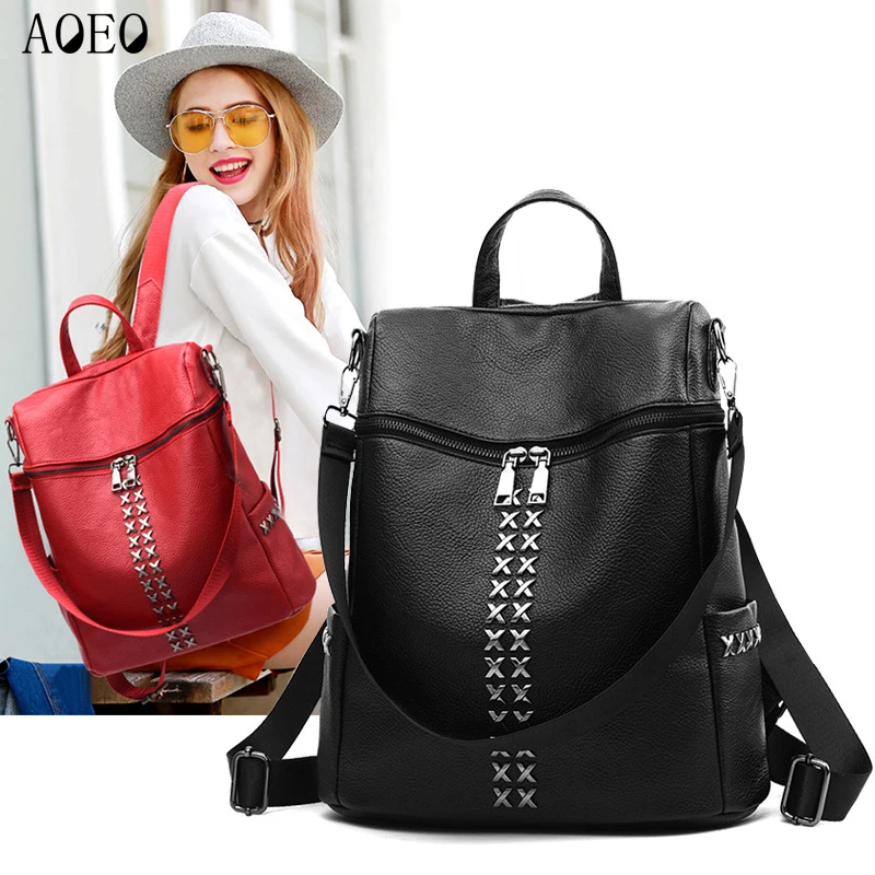 

AOEO Vintage Backpack Female Double Zipper X Metal With Shoulder Strap Women PU Leather Bags For Girls School Backpacks Woman