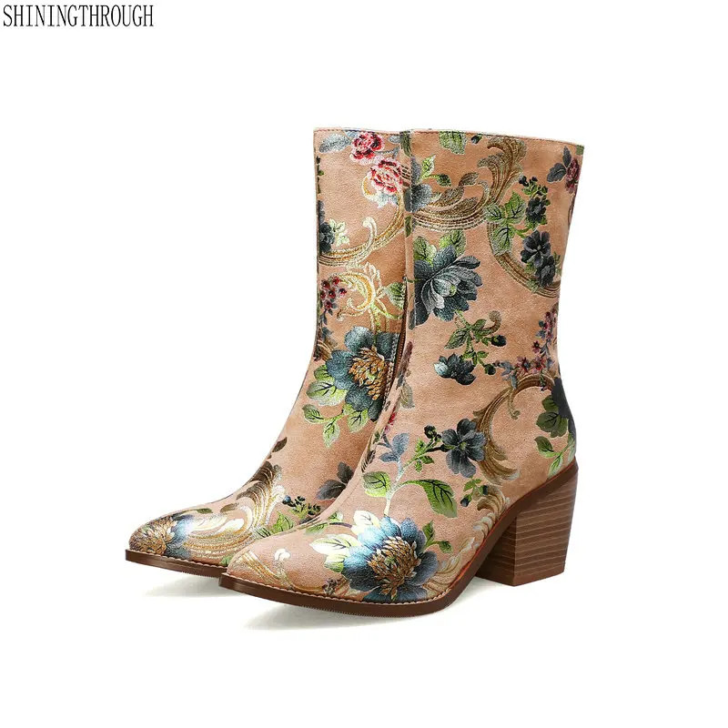 

Plus size 33-44 New fashion flower ankle woman boots thick high heels autumn winter women boots high quality ladies boots