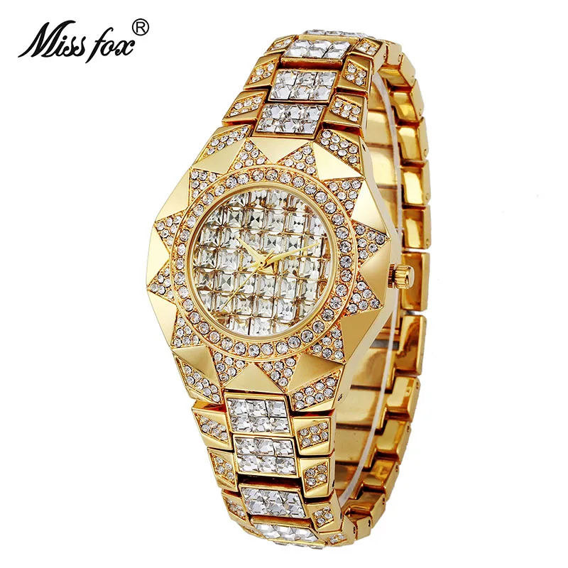 

Miss Fox Luxury Top Brand Womens Watch Sun of Gold Female Diamond Wristwatches Rhinestone Crystal Femme Clock Relogios Femininos