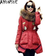 Новинка, зимний женский пуховик средней длины, утепленное Женское пальто с капюшоном, Воротник из меха енота, белый утиный пух, пальто для женщин ST141