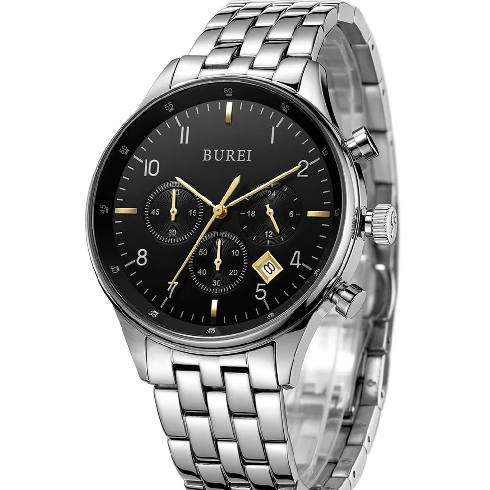 BUREI Sports Quartz Watch Men Full Stainless Steel Multi Function Chronograph Business Clock