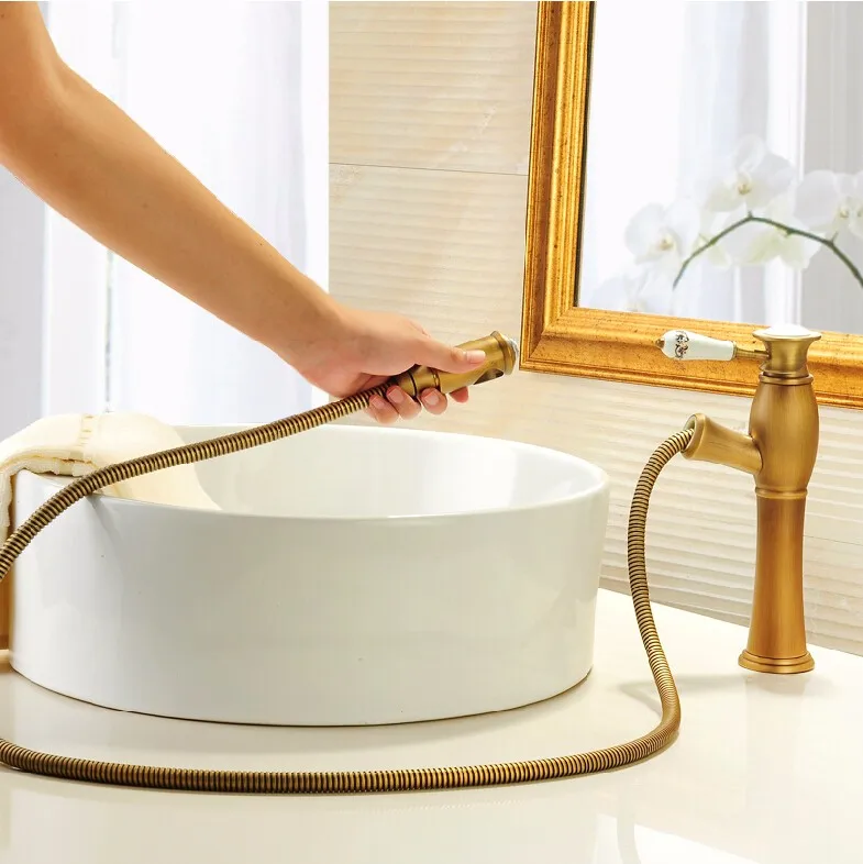 Античная латунь высокого ванная комната вытащить кран смеситель для раковины вытащить раковина кран водопроводной воды на бортике
