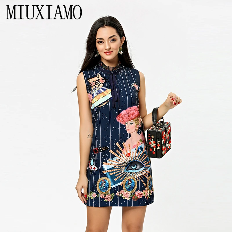 

MIUXIMAO 2019 Fall Casual Dress Fashion A-Line O-Neck Sleeveless Eye Diamonds Women Print Above Knee Dress Women vestidos