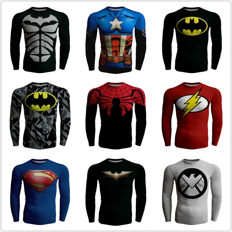 

Spiderman Batman Fitness Compression Shirt Men Superman Captain America Bodybuilding Long Sleeve 3D T Shirt Tee