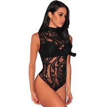 Sexy Women Rompers Skinny Black Sheer Mesh Print Sleeveless bodysuit 2019 Female Geometric Velvet Transparent Body Plus Size Top