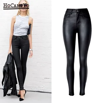 

HCYO Women High Waist Pants Slim Elastic PU Leather Coated Denim Jeans Pants Skinny Washed Motorcycle Pencil Pants Large Size