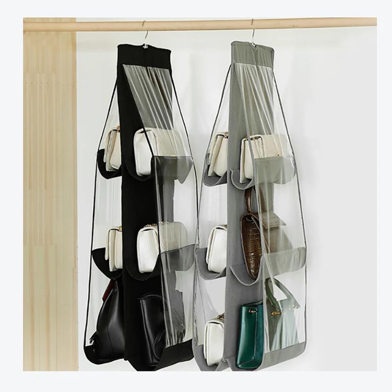 6 Pocket Hanging Handbag Storage Organizer For Wardrobe Closet Folding Hanging Sundry Shoe Storage Bag Double Side Transparent