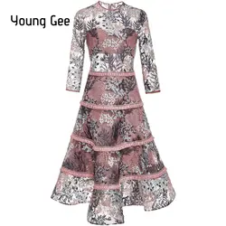 Young Gee 2019 весна женское элегантное цветочное вышивка кружевное платье с круглым вырезом офисное повседневное тонкое сексуальное сказочное
