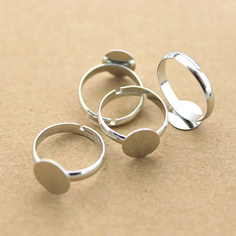50pcs 10mm Pad Diy Silver -Plated Ring Base Anillo Adjustable Ring Blanks Glue On Cabochon Rings Findings Material For Handmade Jewelry Findings