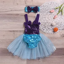 Милый купальник Русалочки для маленьких девочек, комбинезон-пачка с блестками и бантом, купальный костюм, повязка на голову, 2 предмета, пляжная одежда для детей от 0 до 24 месяцев