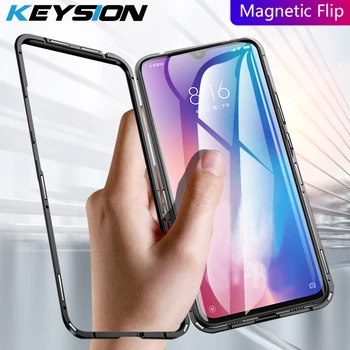 

KEYSION Magnetic Case for Xiaomi Mi 9 8 SE A2 Transparent tempered glass + Metal hard back Cover for Redmi Note 7 Pro 6 5 Pro F1