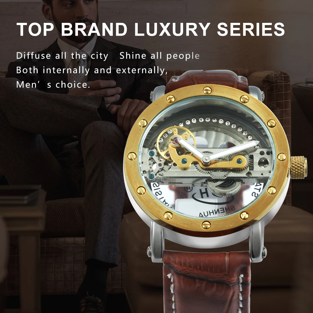 الفائز أعلى العلامة التجارية الفاخرة رجل الساعات الكلاسيكية التلقائي جسر غولدن الميكانيكية ووتش اليابان حركة منحوتة الجلود حزام ساعة