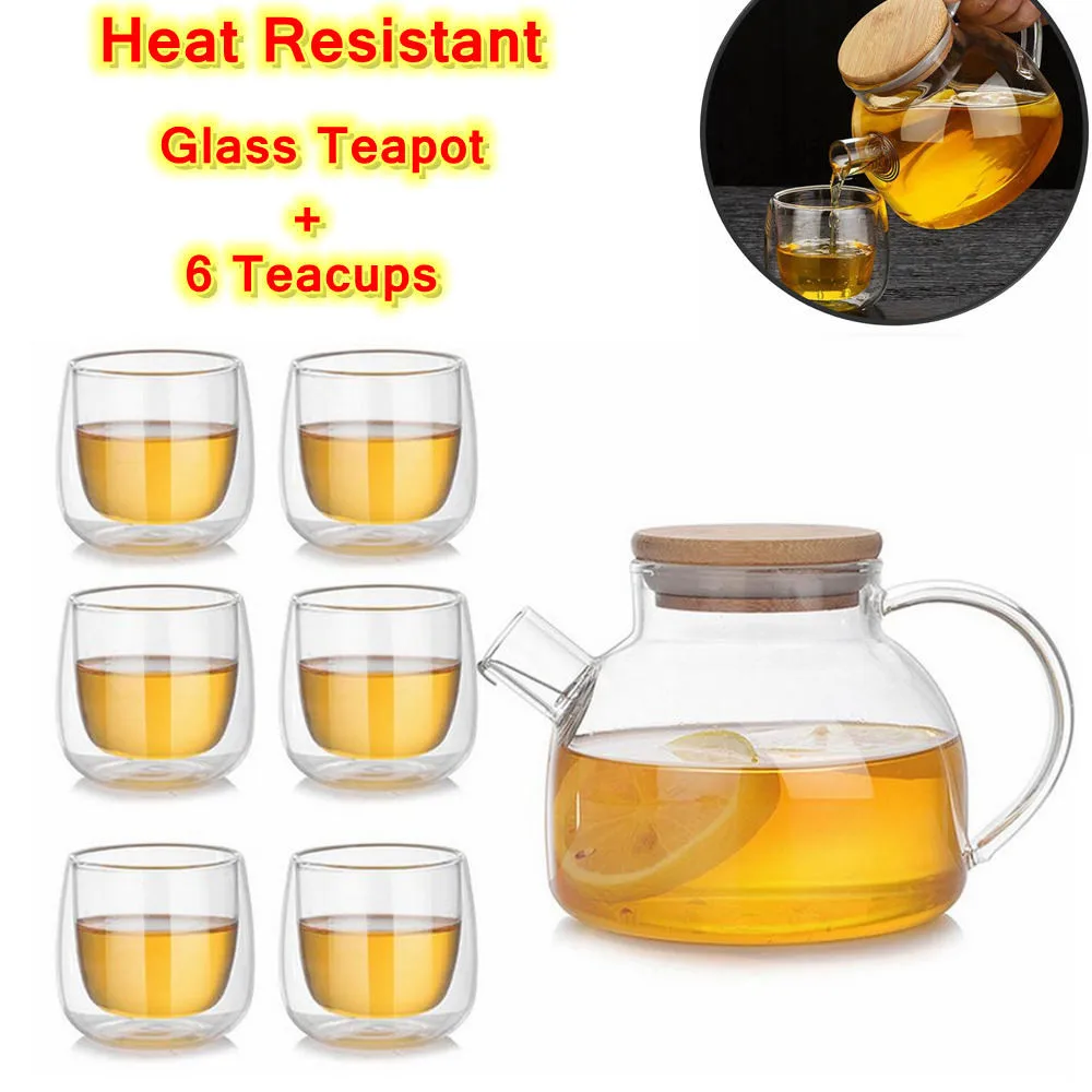 7 шт. термостойкий стеклянный чайный горшок набор чайник+ 6 двойных стенок чашка с полой плитой чайник кувшин для воды с крышки из бамбука