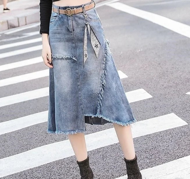 blue skirts Летняя женская одежда, джинсовая ткань destory, вареные трапециевидные юбки, длина до середины икры, высокая талия, женские юбки в ковбойском стиле, сплошной цвет - Цвет: blue skirts