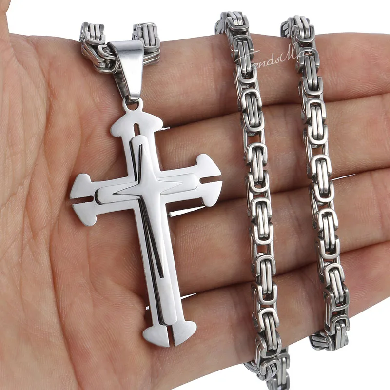 Мужское ожерелье с крестом, золото, серебро, подвеска в форме черного Креста, нержавеющая сталь, византийская цепочка, ожерелье,, хип-хоп, мужские ювелирные изделия, KP180 - Окраска металла: KP179 Silver