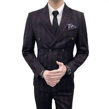 

New Male Suit 3 Pieces Set Double Breasted Wedding Groom Suit with Pants for Men Wedding Striped Suits Prom Best Man Hot Sell
