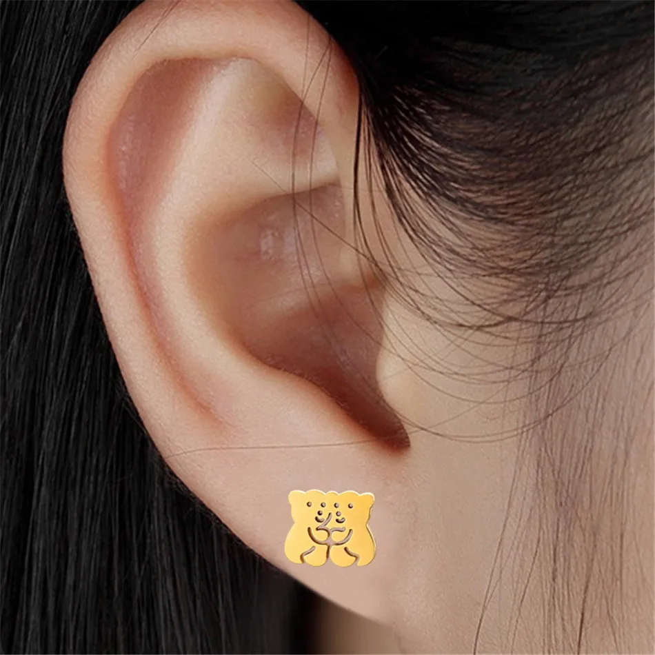 

Cute Animal Earrings Two hugging bears Style Earring for Girls Stainless Steel Child Earring Jewelry Christmas Gifts