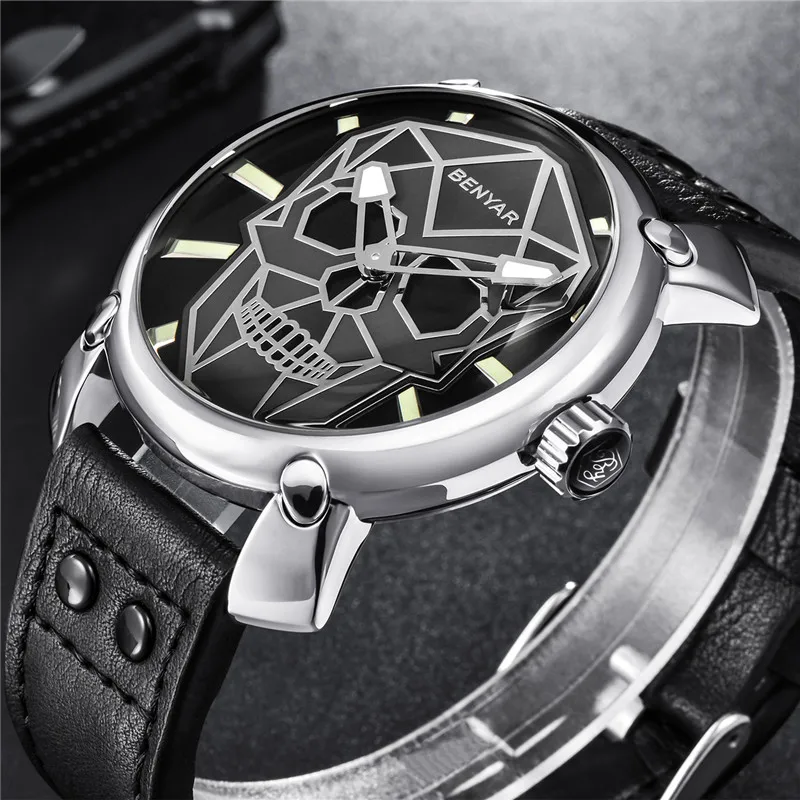 

BENYAR Luxury Brand Men Fashion Creative Skull Watch Business Military Leather Quartz Men Watch Relogio Masculino erkek saat