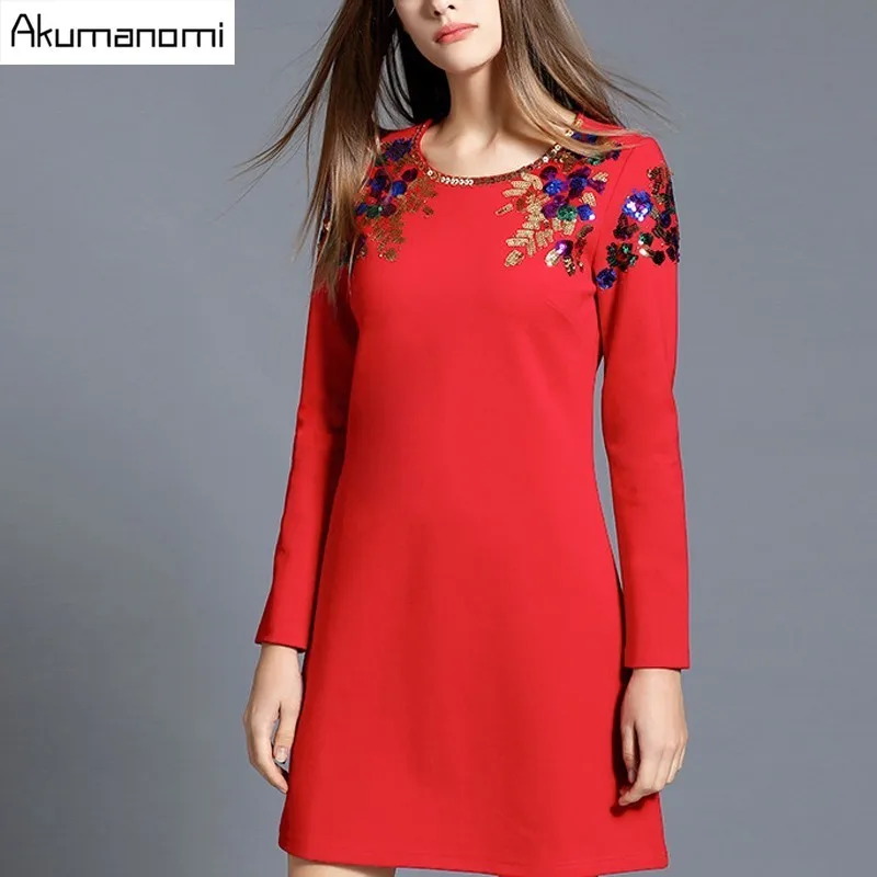 Платье однотонное Черное Красное женское платье для вечеринки круглый воротник полный рукав Весна Осень Зима платье размера плюс 5XL 4XL 3XL 2XL XL L M - Цвет: Красный