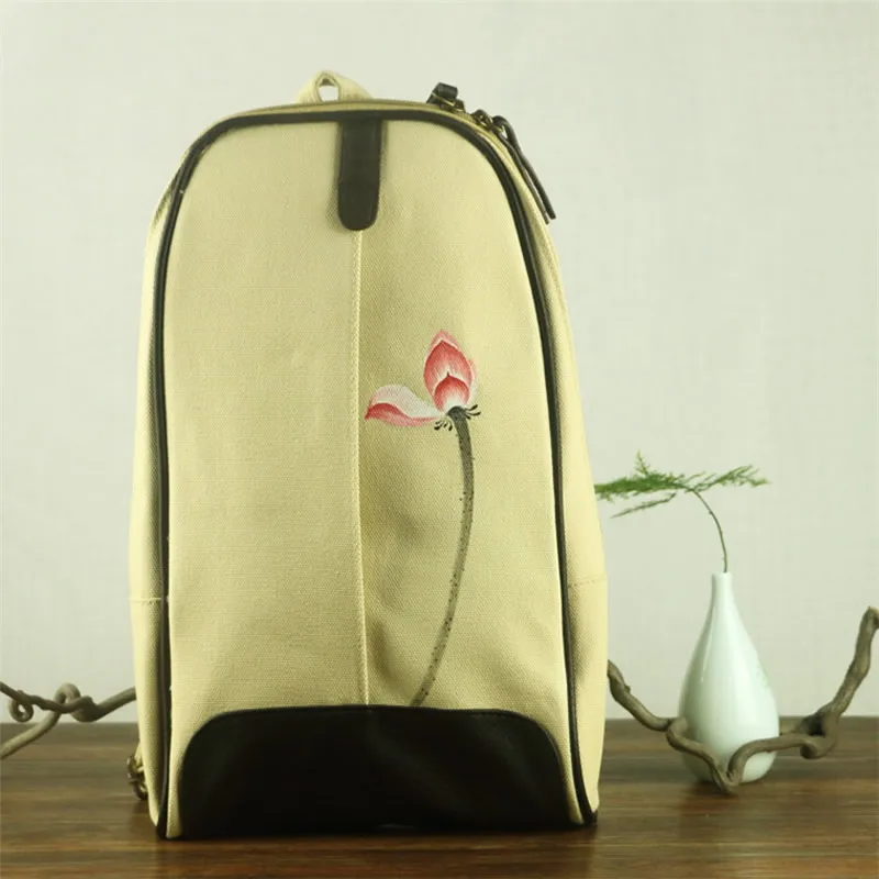 Женский винтажный Повседневный тканевый рюкзак в китайском этническом стиле, ручная печать, лотос, регулируемые лямки, Сумка с карманом на молнии
