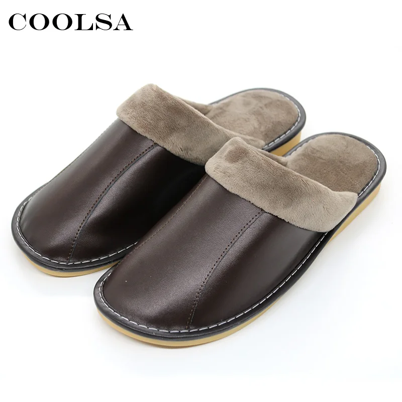 Coolsa/новые зимние мужские тапочки из натуральной кожи; короткие плюшевые теплые тапочки; мягкие оксфорды на плоской подошве; нескользящие домашние Вьетнамки; повседневная обувь