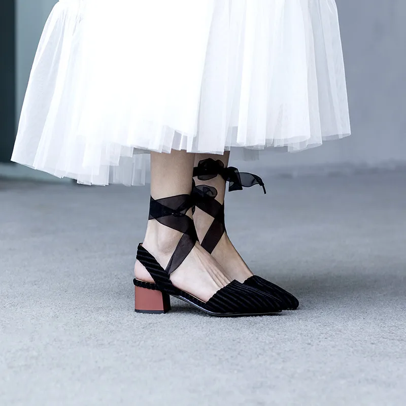 

YMECHIC Summer 2019 Luxury Women Shoes Slingbacks Flock Pointed Toe Riband Ankle Cross Strap Block High Heels Pumps Black Pink