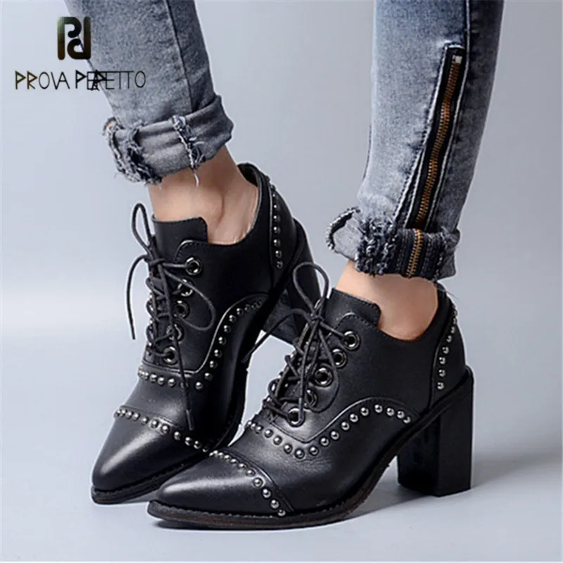 

Prova Perfetto Sexy Pointed Toe Rivets Studded Women High Heel Boots Genuine Leather Lace Up Shallow Ankle Boots Women Pumps