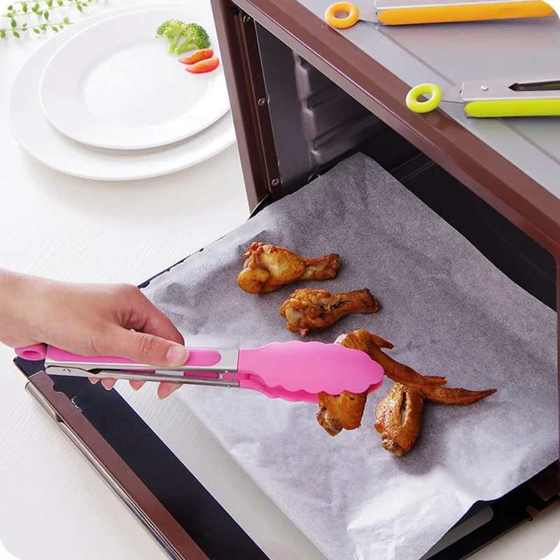 1pc Silicone Serving BBQ Tongs Salad Food Buffet Clip Steel Handle Kitchen Tool Color Random