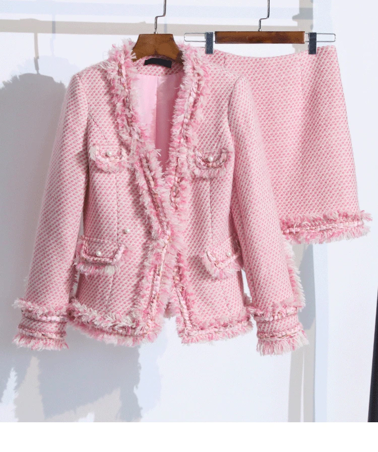 Cou De Ensemble Élégant Vintage V Gland Slim Longues Pièces Arrivée Manches Automne 2018 Perles À Jupe Mode Veste Deux Femmes Nouvelle Mini FYvwav
