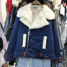 Осенне-зимняя женская новая шерстяная стеганая двубортная джинсовая куртка утепленная теплая джинсовая куртка с хлопковой подкладкой пальто