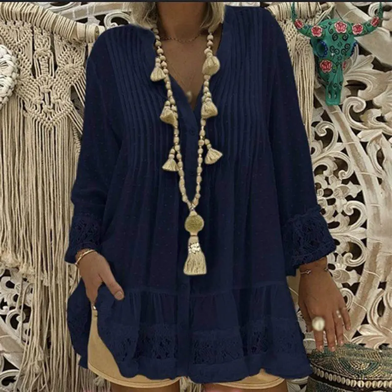  Women's Lace Chiffon V-Neck Tunic Shirt Blouse Long Sleeve Solid Loose Womens Tops and Blouses 2019