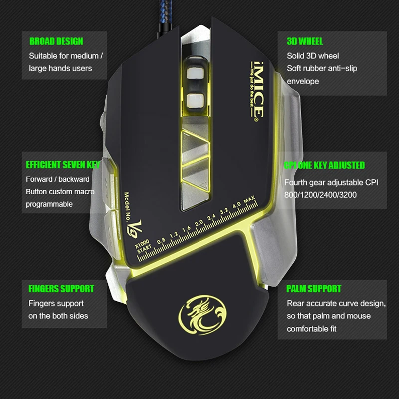 Проводная игровая мышь USB Custom 3200 CPI оптическая 7 кнопок управляемая цветная