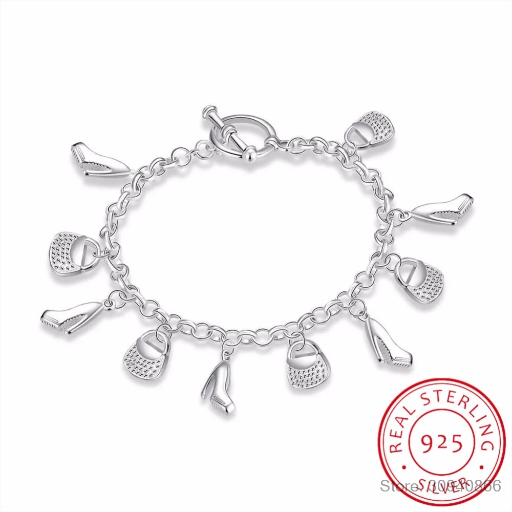 

LEKANI Hot 925 Sterling Silver High-heeled Shoes Bag charms bracelets Pulseiras de Prata Fine Jewelry Women Party Exquisite Gift