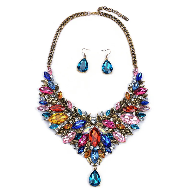 4 colors Fashion Womens Necklace With Earring Crystal Chunky Choker Necklaces Statement Jewelry |