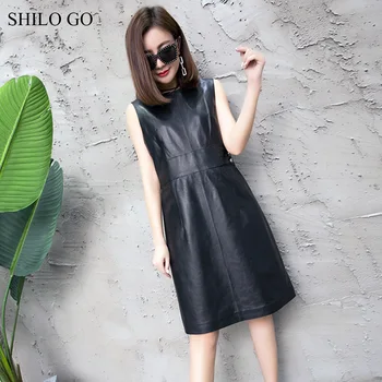 

SHILO GO Leather Dress Womens Summer Fashion sheepskin genuine leather dress O Neck sleeveless office lady OL concise dress