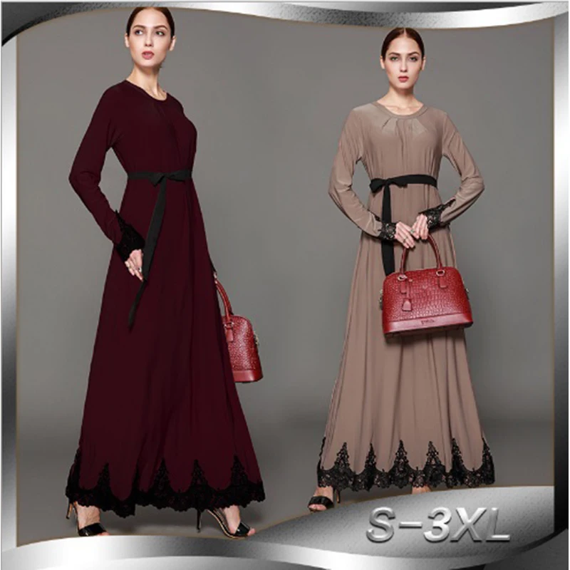 Мусульманское кружевное Макси платье Abaya длинное с поясом туника jilbabe Jalabiya