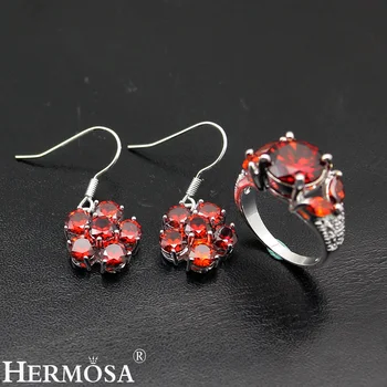 

Hermosa Sweet Shiny Red Mozambique Garnet Silver Plated Earrings Ring Size 7 women Jewellery Set NY812 Party Gift