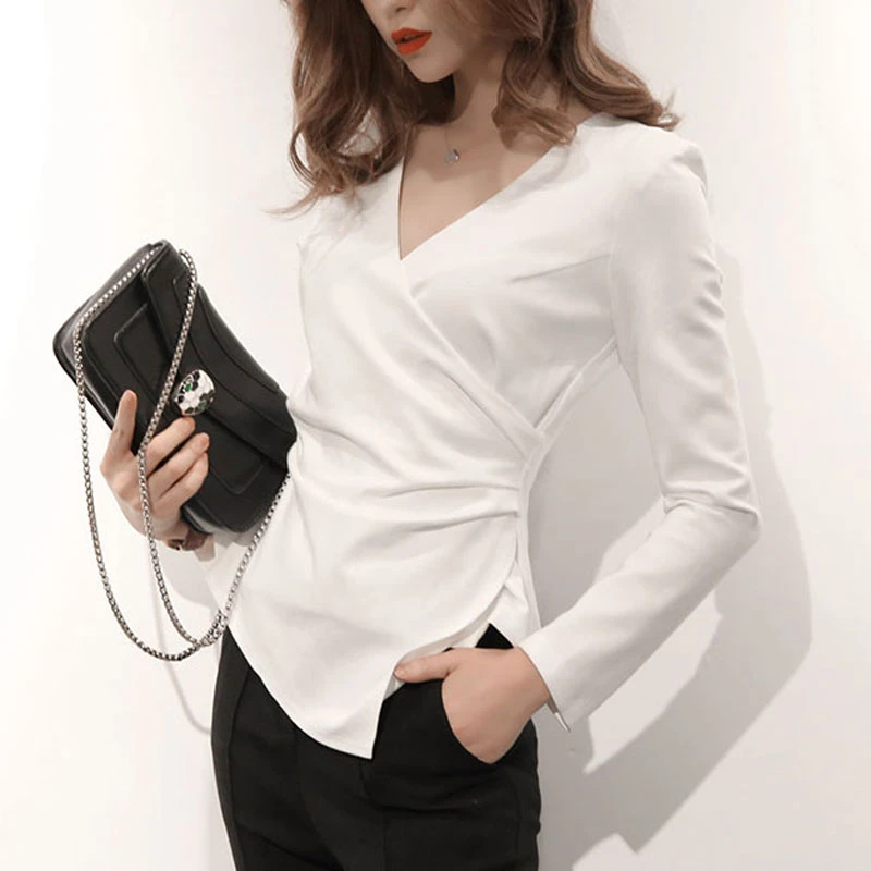 de Las Señoras Elegantes Camisas Blusa 2017 Otoño Largo de la Manga Irregular Plisada Elegante Del Partido Blanco Camisas Blusa de Las Mujeres Blusas Tops|blusas fashion|blusa topwomen blouses - AliExpress